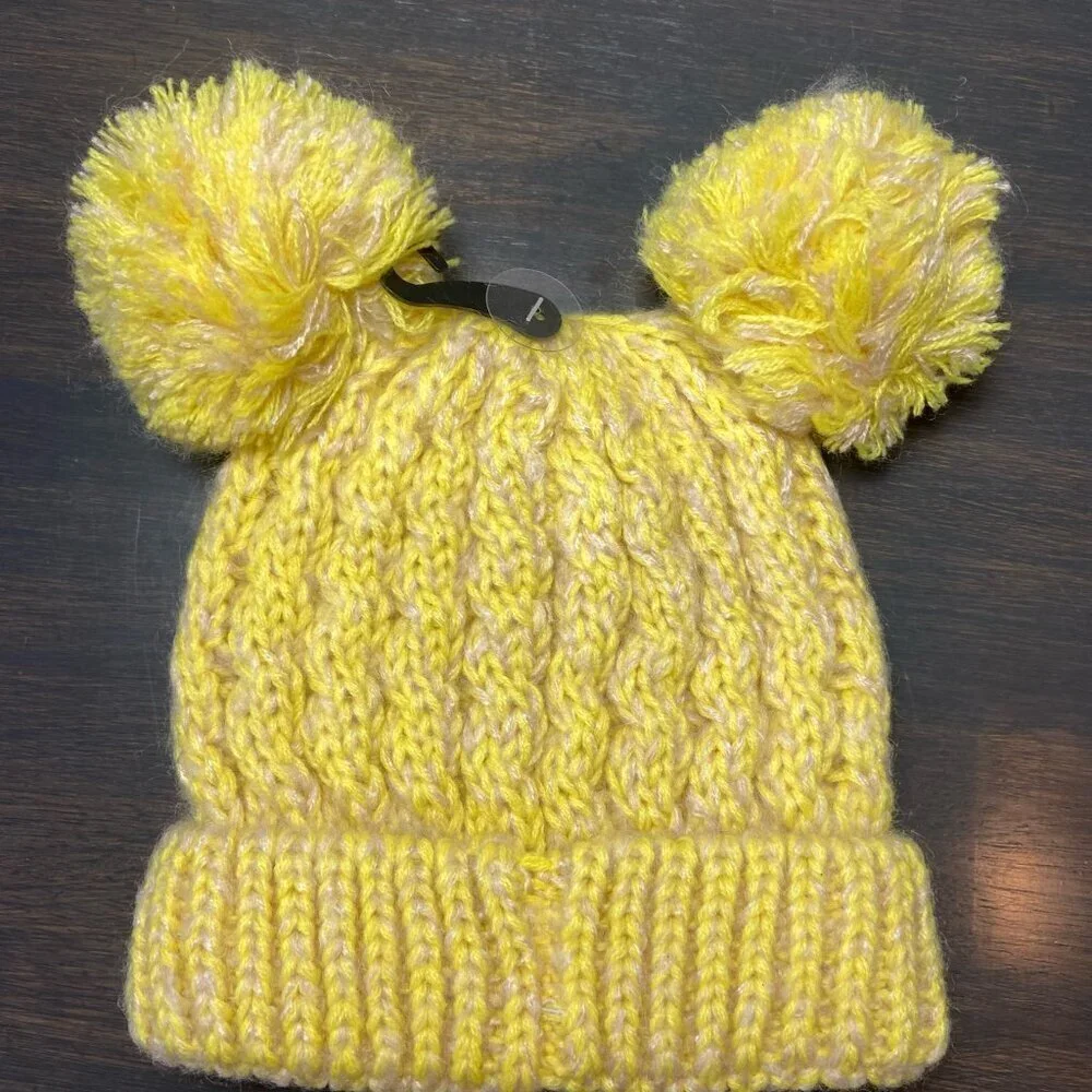 C.C. Kids Double Pom Beanie Yellow Knit Hat NWT